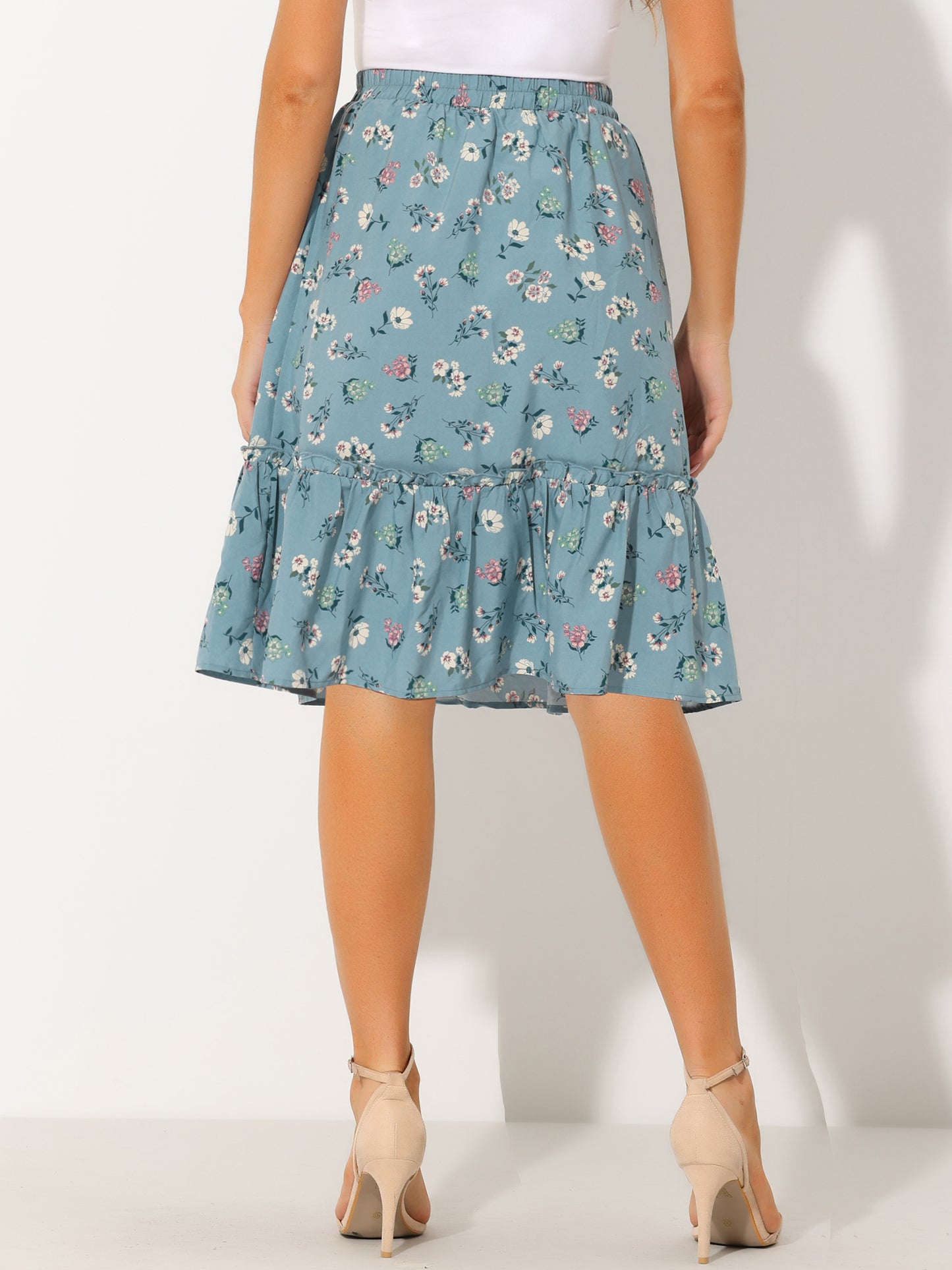 Falda de mujer hasta la rodilla con estampado floral, cintura elástica, fluida, con volantes en forma de A y capas