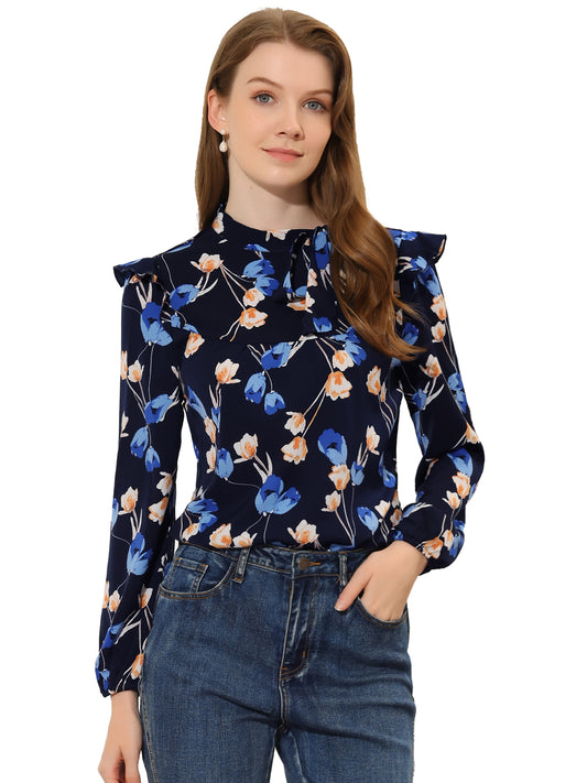 Women's Bow Tie Neck Long Sleeve Floral Ruffled Blouse