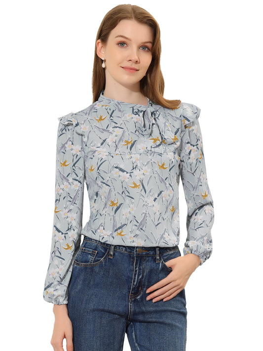 Women's Bow Tie Neck Long Sleeve Floral Ruffled Blouse