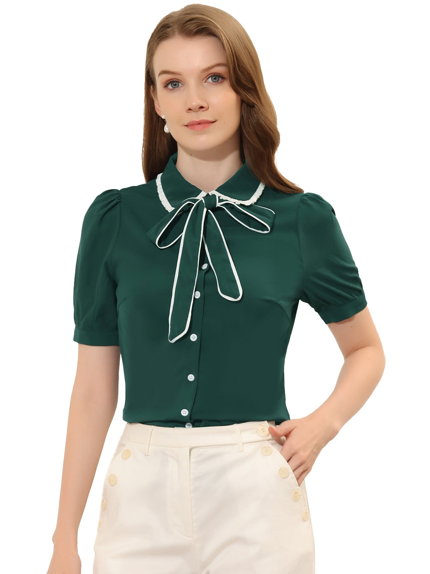 Women's Peter Pan Collar Blouse Bow Tie Neck Work Office Button Down Shirt