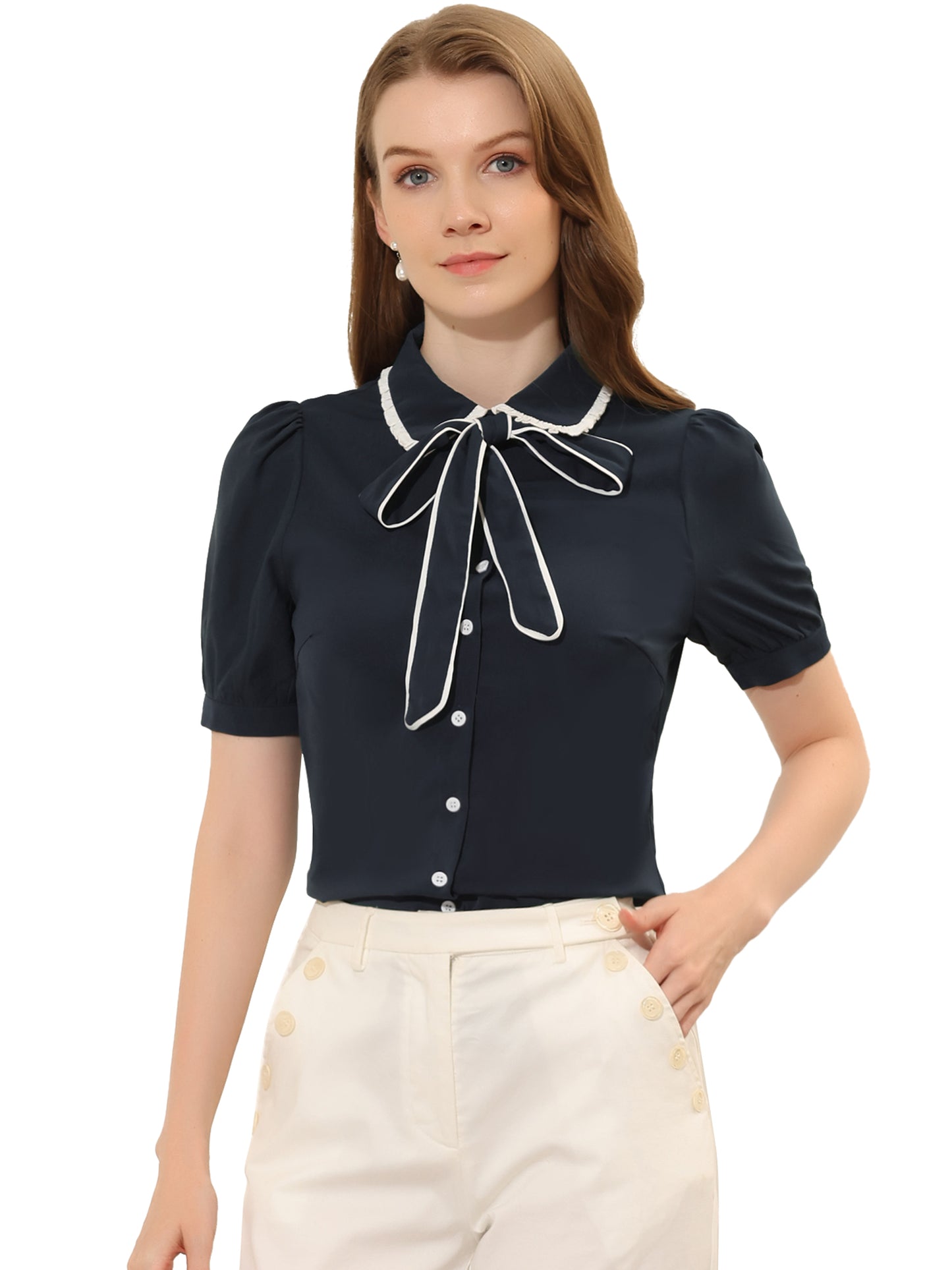 Women's Peter Pan Collar Blouse Bow Tie Neck Work Office Button Down Shirt