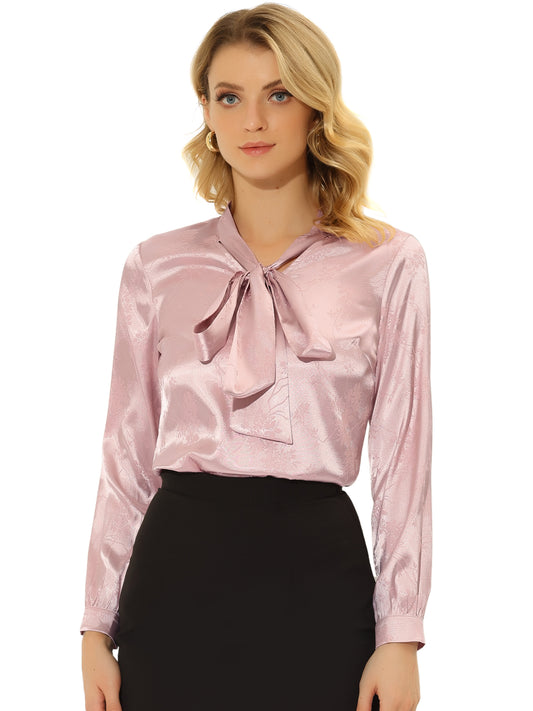 Women's Bow Tie Neck Long Sleeve Printed Satin Embossed Blouse