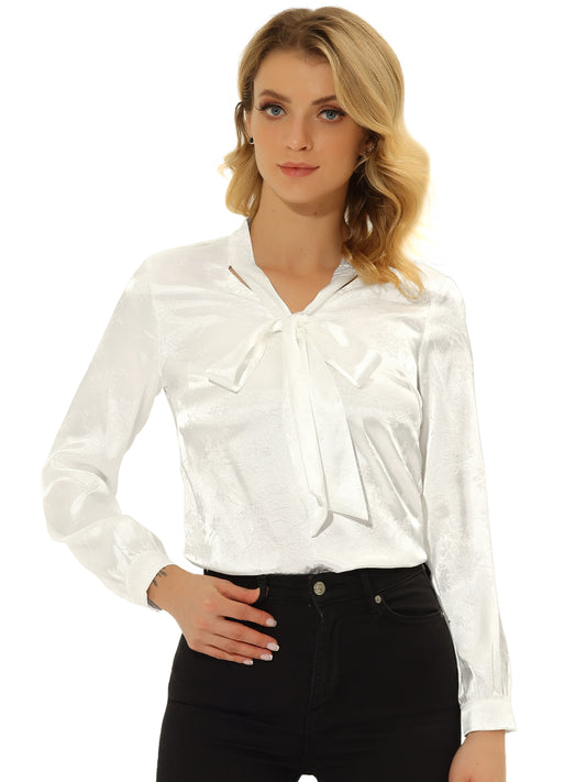 Women's Bow Tie Neck Long Sleeve Printed Satin Embossed Blouse