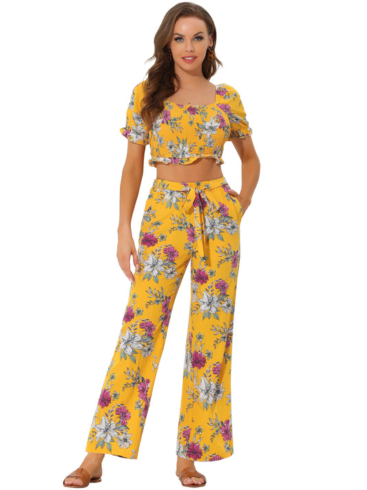 Women's Ruffle Smocked Crop Tops Tie Waist Floral Pants Set
