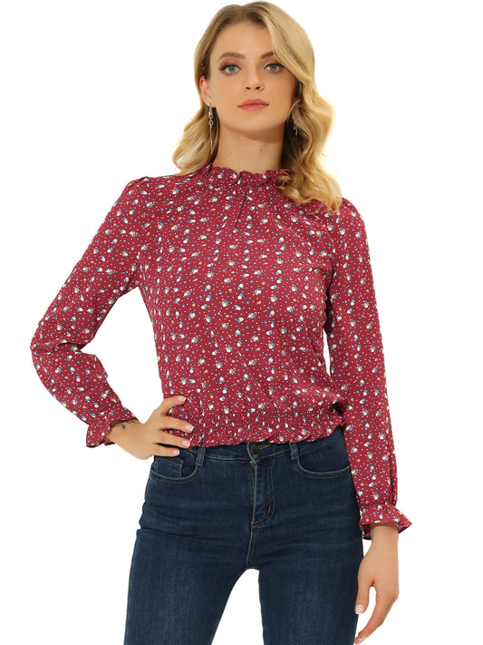 Women's Ruffled Floral Printed Vintage Collared Smocked Waist Blouse