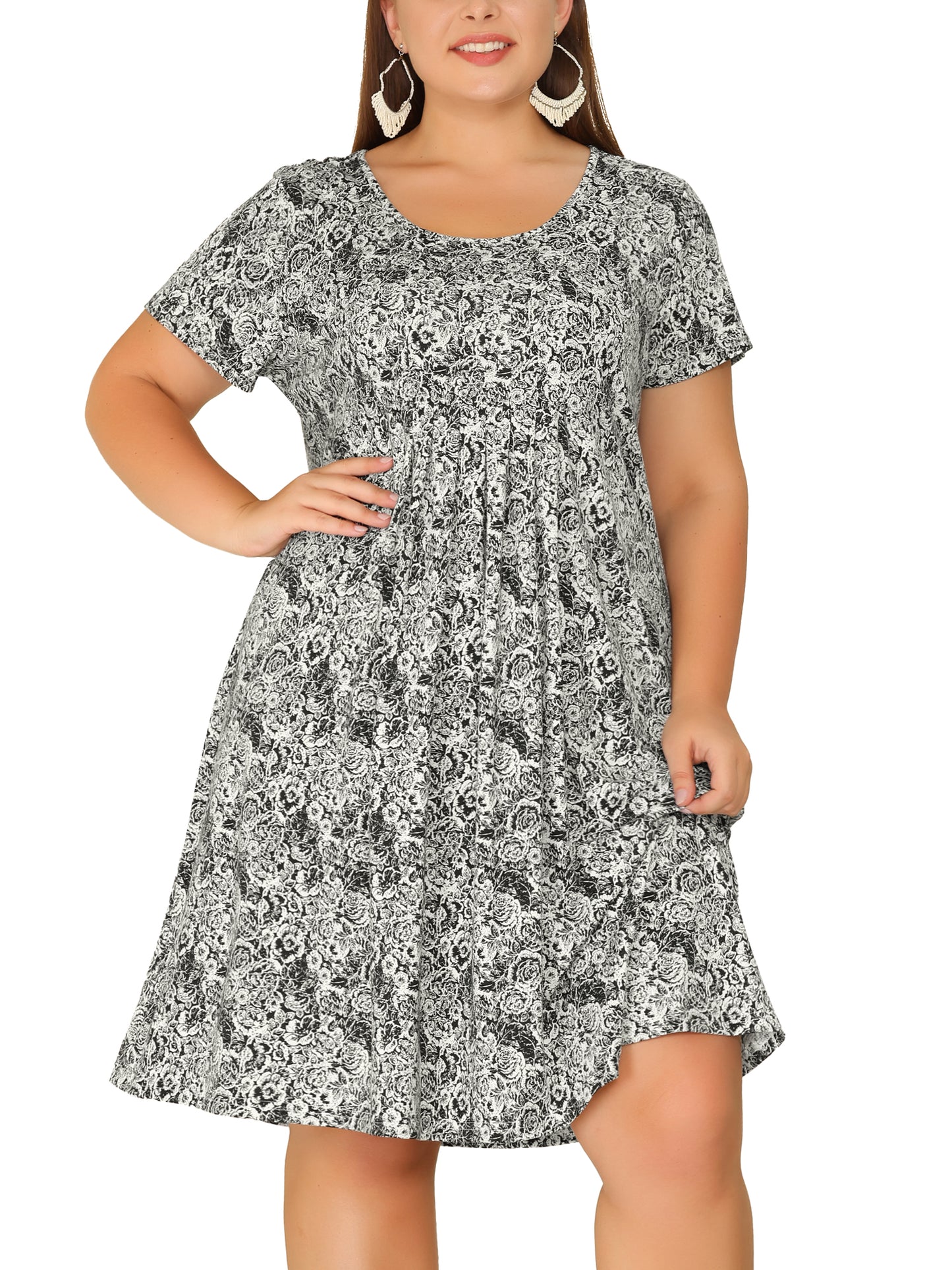Women Plus Size Short Sleeves Pleated Summer Casual Loose Floral Dress