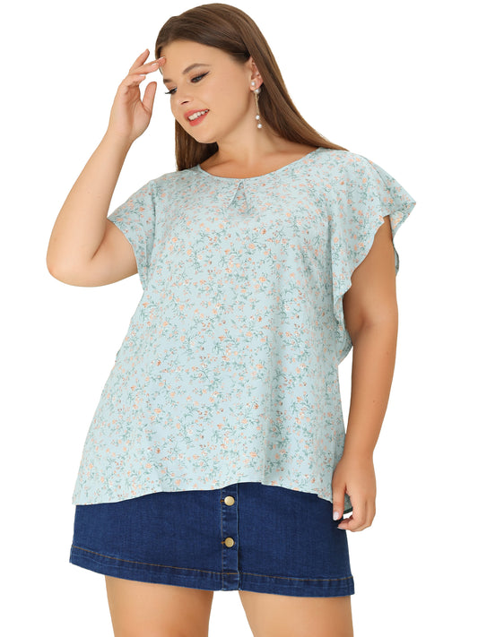 Women Plus Size Top Round Neck Short Sleeve Ruffle Summer Polka Dots Floral Blouse