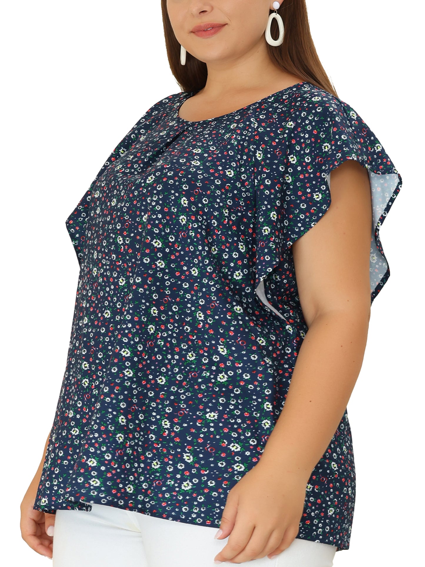 Women Plus Size Top Round Neck Short Sleeve Ruffle Summer Polka Dots Floral Blouse