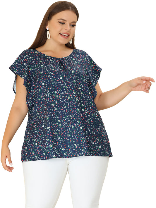Women Plus Size Top Round Neck Short Sleeve Ruffle Summer Polka Dots Floral Blouse