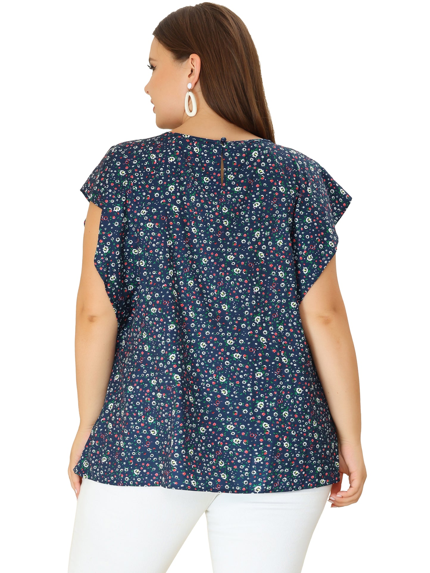 Women Plus Size Top Round Neck Short Sleeve Ruffle Summer Polka Dots Floral Blouse