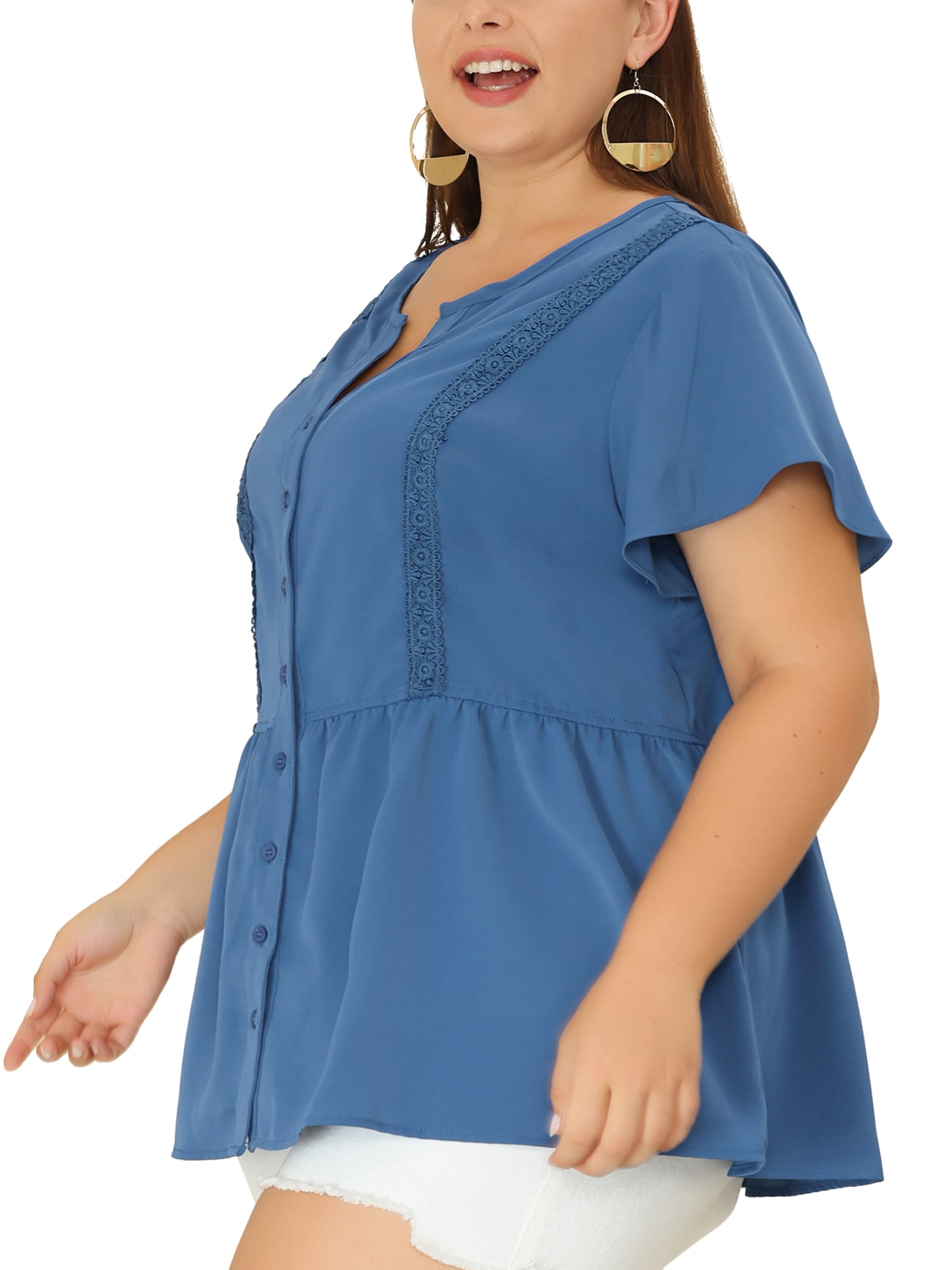 Women Plus Size Blouse Shirt Button Down V Neck Short Sleeve Flare Peplum Top