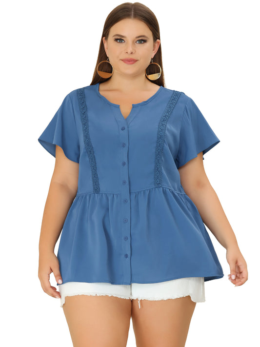 Women Plus Size Blouse Shirt Button Down V Neck Short Sleeve Flare Peplum Top