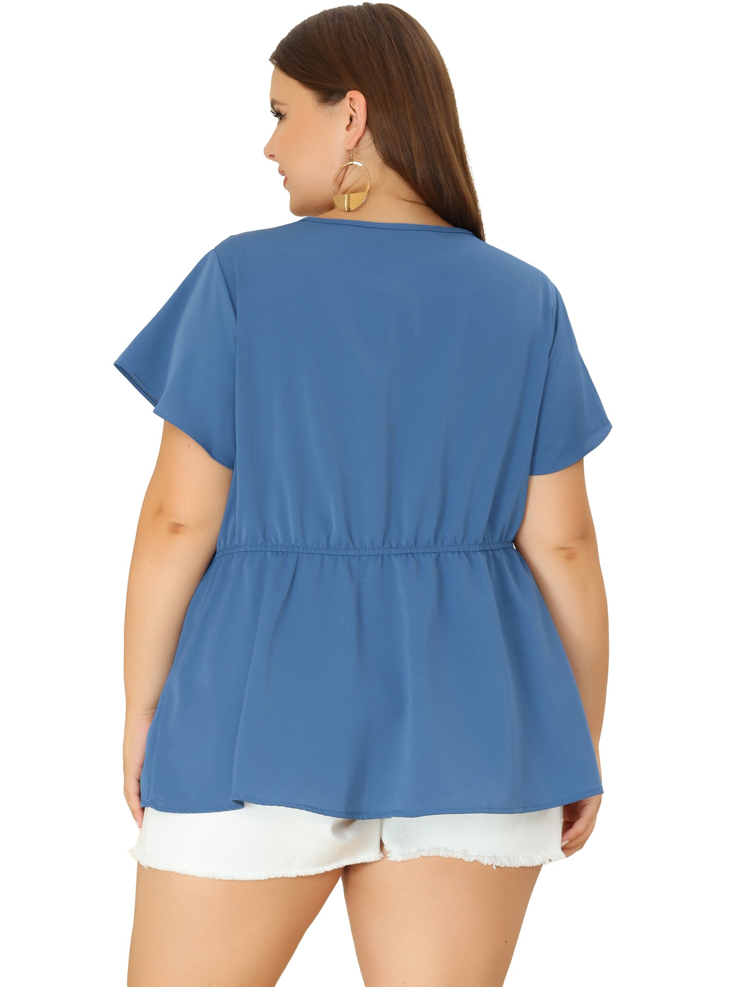 Women Plus Size Blouse Shirt Button Down V Neck Short Sleeve Flare Peplum Top