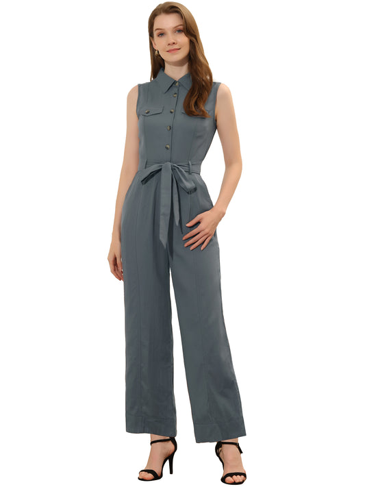 Women's Wide Leg Jumpsuit Sleeveless Collared Tie Waist Coverall Button Down Cargo Jumpsuits