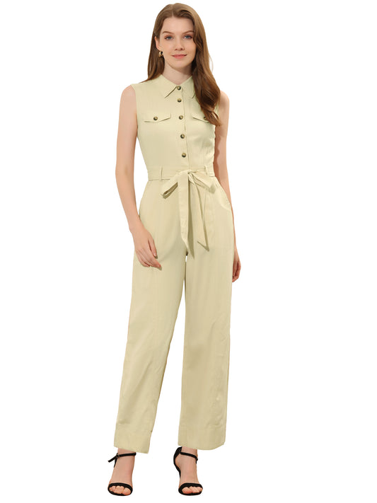 Women's Wide Leg Jumpsuit Sleeveless Collared Tie Waist Coverall Button Down Cargo Jumpsuits