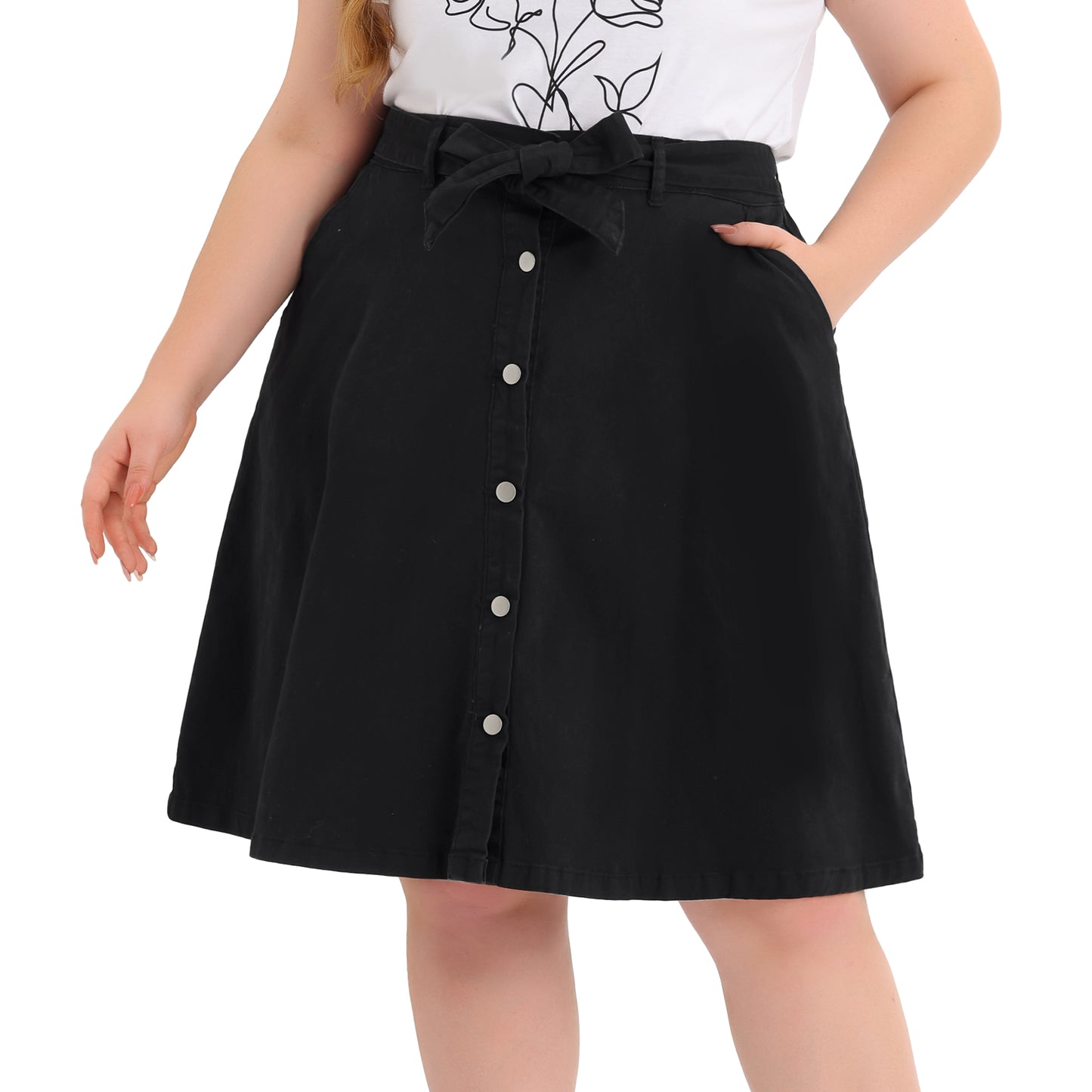 Faldas vaqueras de talla grande para mujer, con cintura anudada, corte A y bolsillos, falda vaquera midi de verano