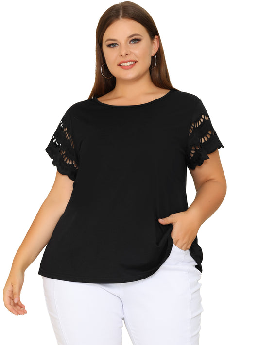 Women's Plus Size Top Round Neck Lace Panel Hollow Short Sleeve Elegant Summer Blouse