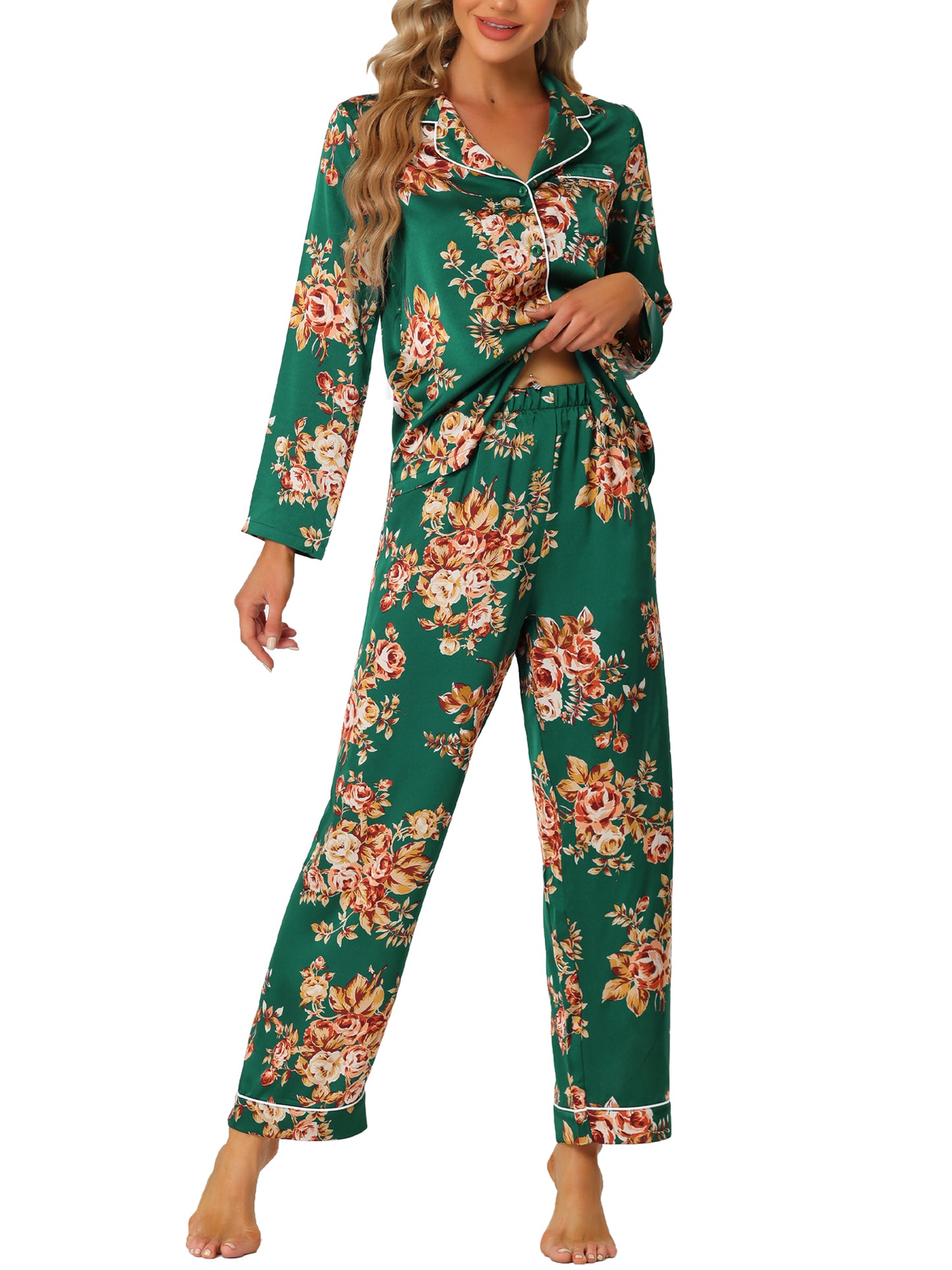 cheibear Pajama Sleep Shirt Nightwear Sleepwear Lounge Satin Pj Sets Green