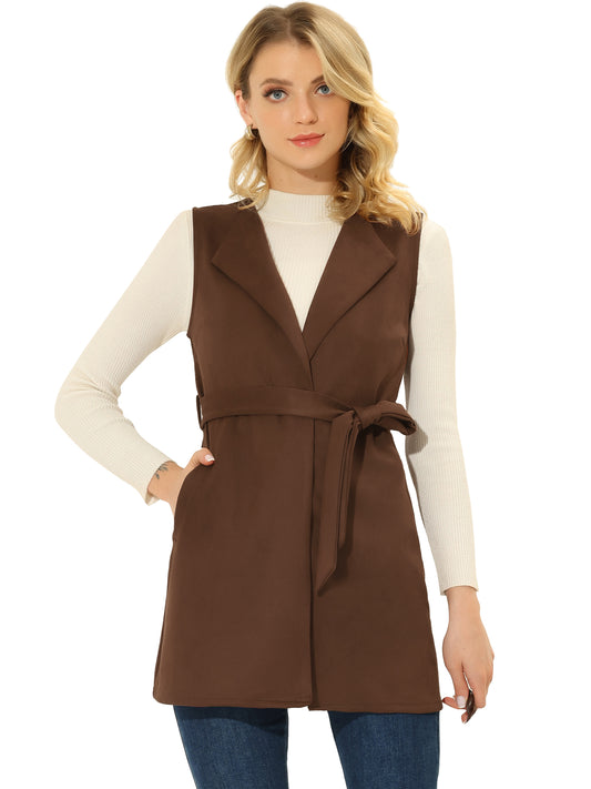 Women's Long Sleeveless Jackets Open Front Suede Cardigan Vest