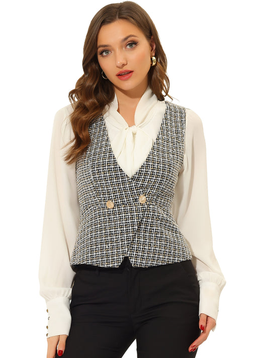 Women's Vintage Tweed Vest Double Breasted Sleeveless Plaid Waistcoat Jacket