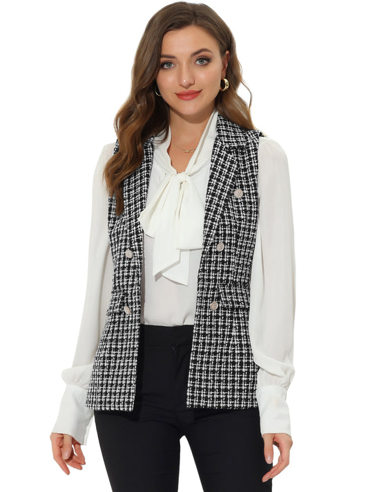 Women's Vintage Tweed Blazer Vest Open Front Plaid Sleeveless Cardigan Casual Work Vest Jacket (Available in Plus Size)