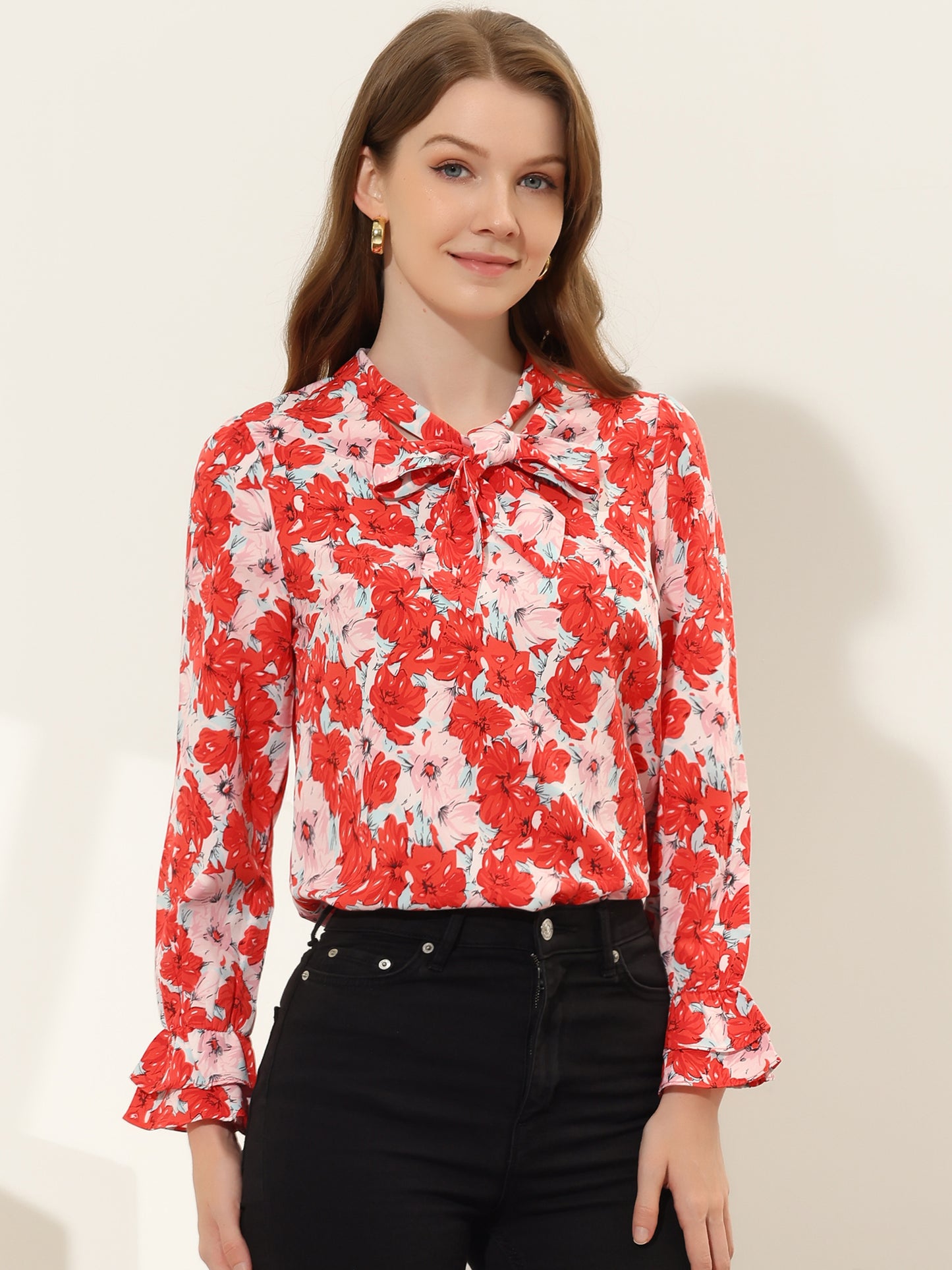 Women's Long Sleeve Blouse Floral Tie Neck Chiffon Ruffle Top