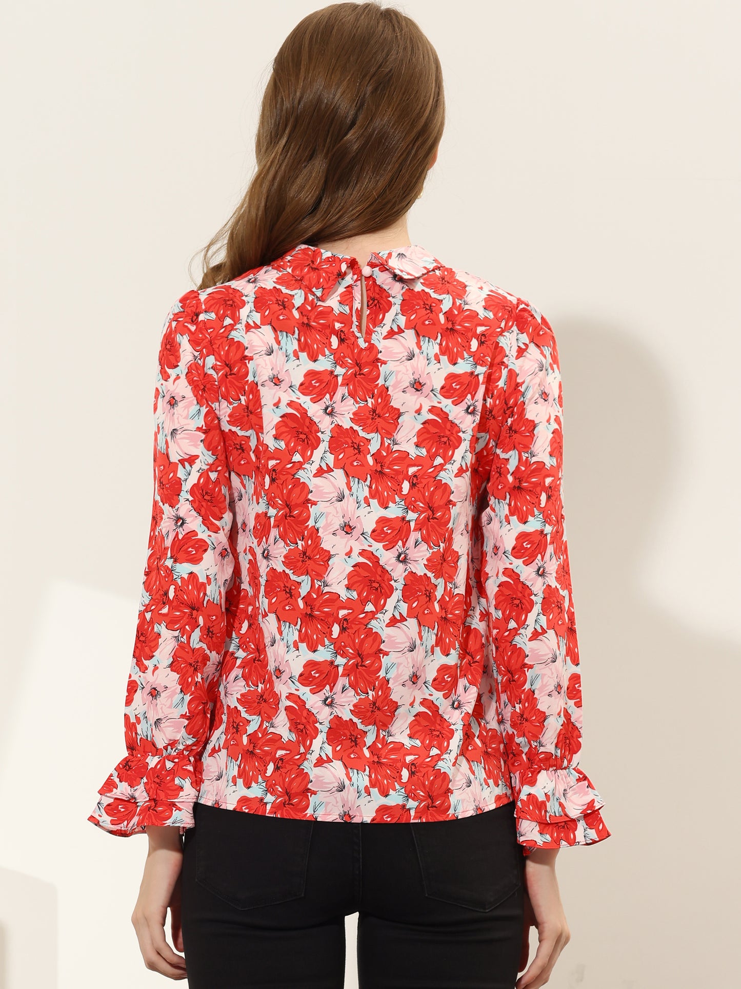 Women's Long Sleeve Blouse Floral Tie Neck Chiffon Ruffle Top