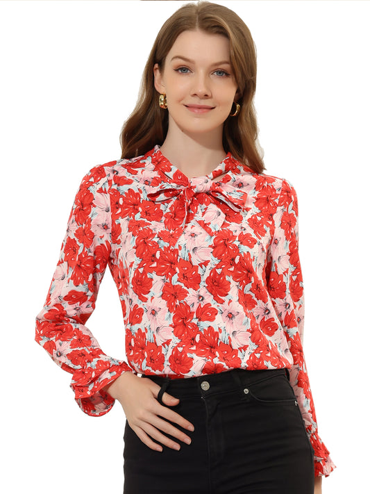 Women's Long Sleeve Blouse Floral Tie Neck Chiffon Ruffle Top