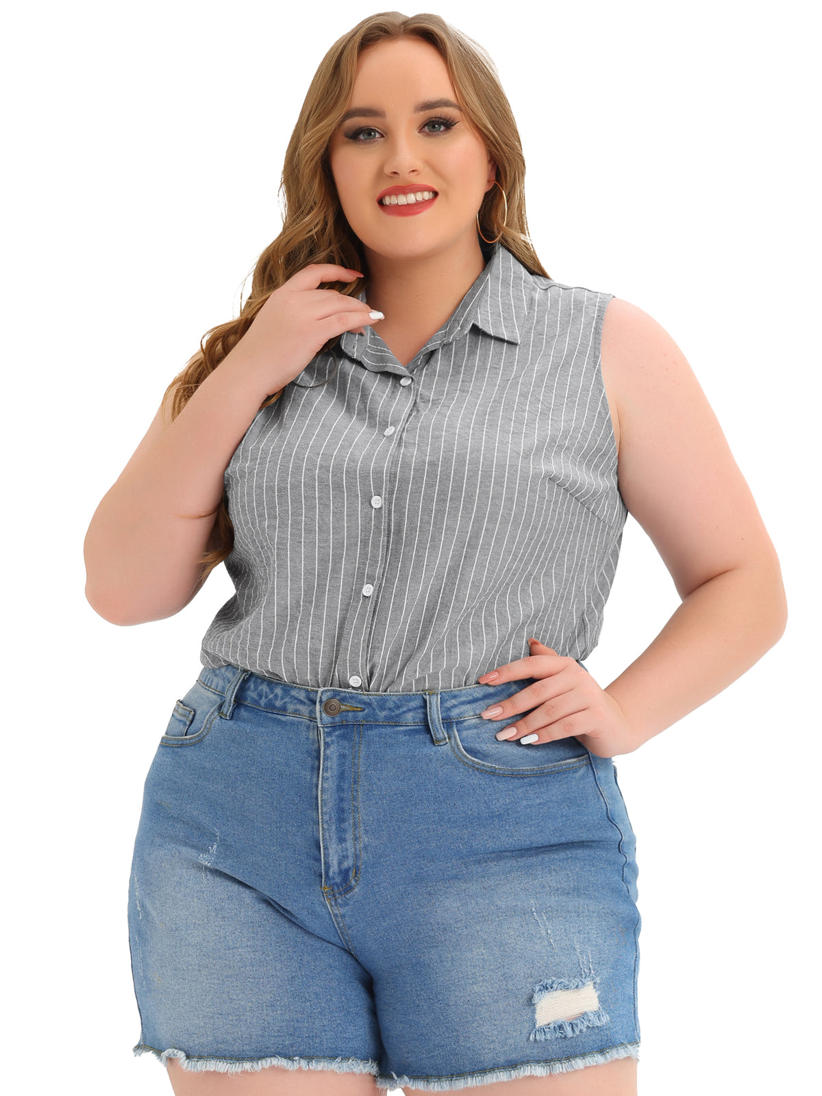 [PACK SALES] Women's Plus Size 2 Pieces Striped Summer Tops Lapel Sleeveless Button Down Casual Shirts
