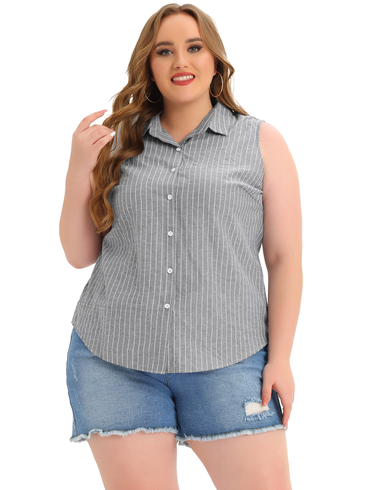 [PACK SALES] Women's Plus Size 2 Pieces Striped Summer Tops Lapel Sleeveless Button Down Casual Shirts