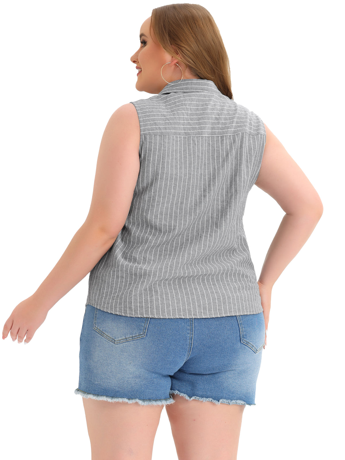 [PACK SALES] Women's Plus Size 2 Pieces Striped Summer Tops Lapel Sleeveless Button Down Casual Shirts