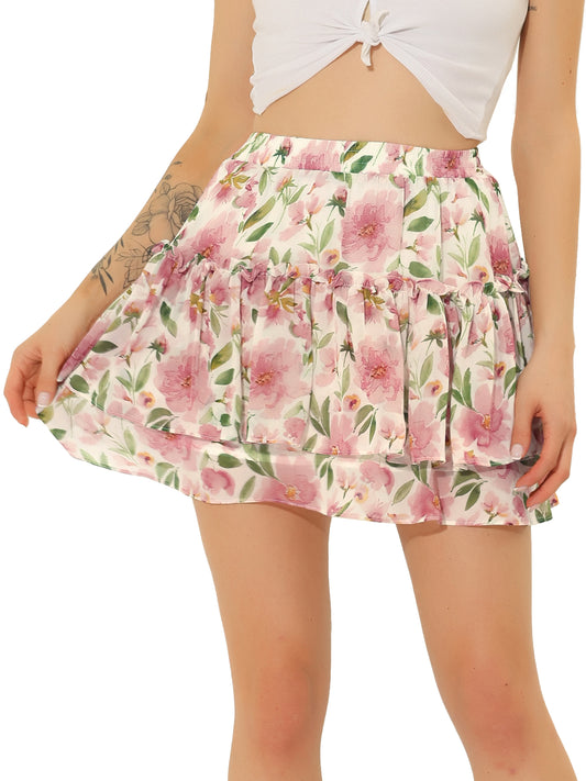 Women's Floral Print Skirt Elastic High Waist Layer Ruffle A-Line Mini Short Skirt