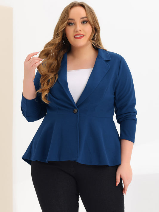 Blazer de talla grande para mujer, con volantes, cuello en V, manga larga, panel con muescas, botones, peplum, para oficina y trabajo