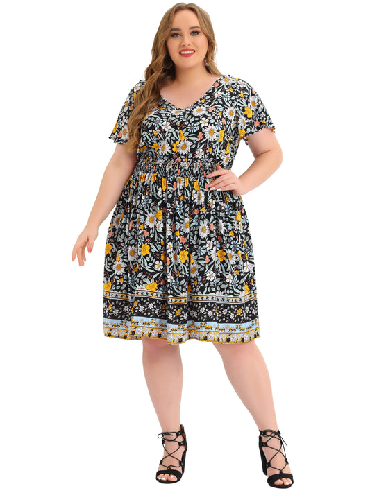 Women Plus Size Placed Pattern Bohemian Smock Waist V Neck Summer Midi Dress
