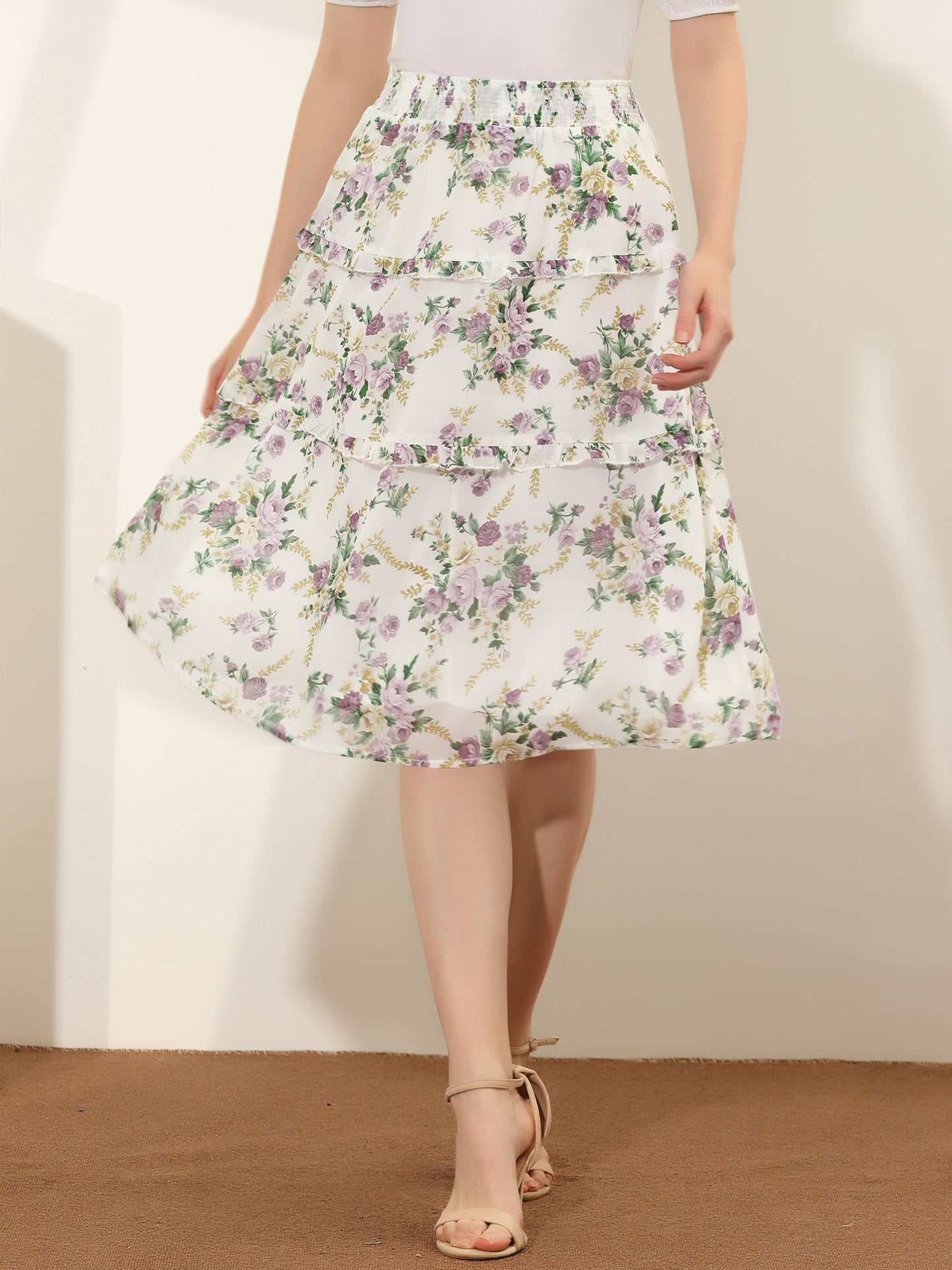 Faldas florales para mujer, primavera, fruncidas, cintura elástica, corte A, por debajo de la rodilla, falda con volantes escalonados
