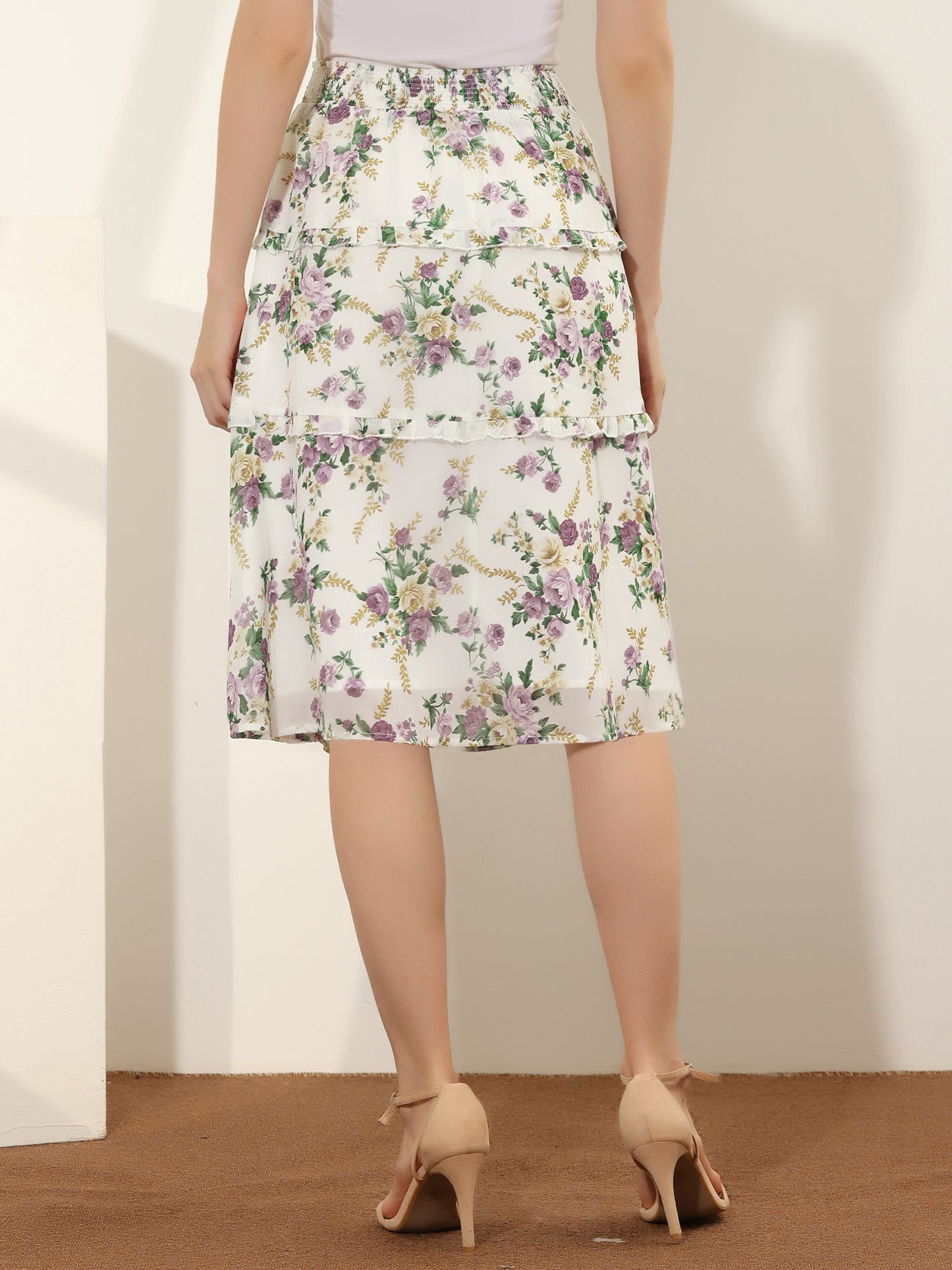 Faldas florales para mujer, primavera, fruncidas, cintura elástica, corte A, por debajo de la rodilla, falda con volantes escalonados