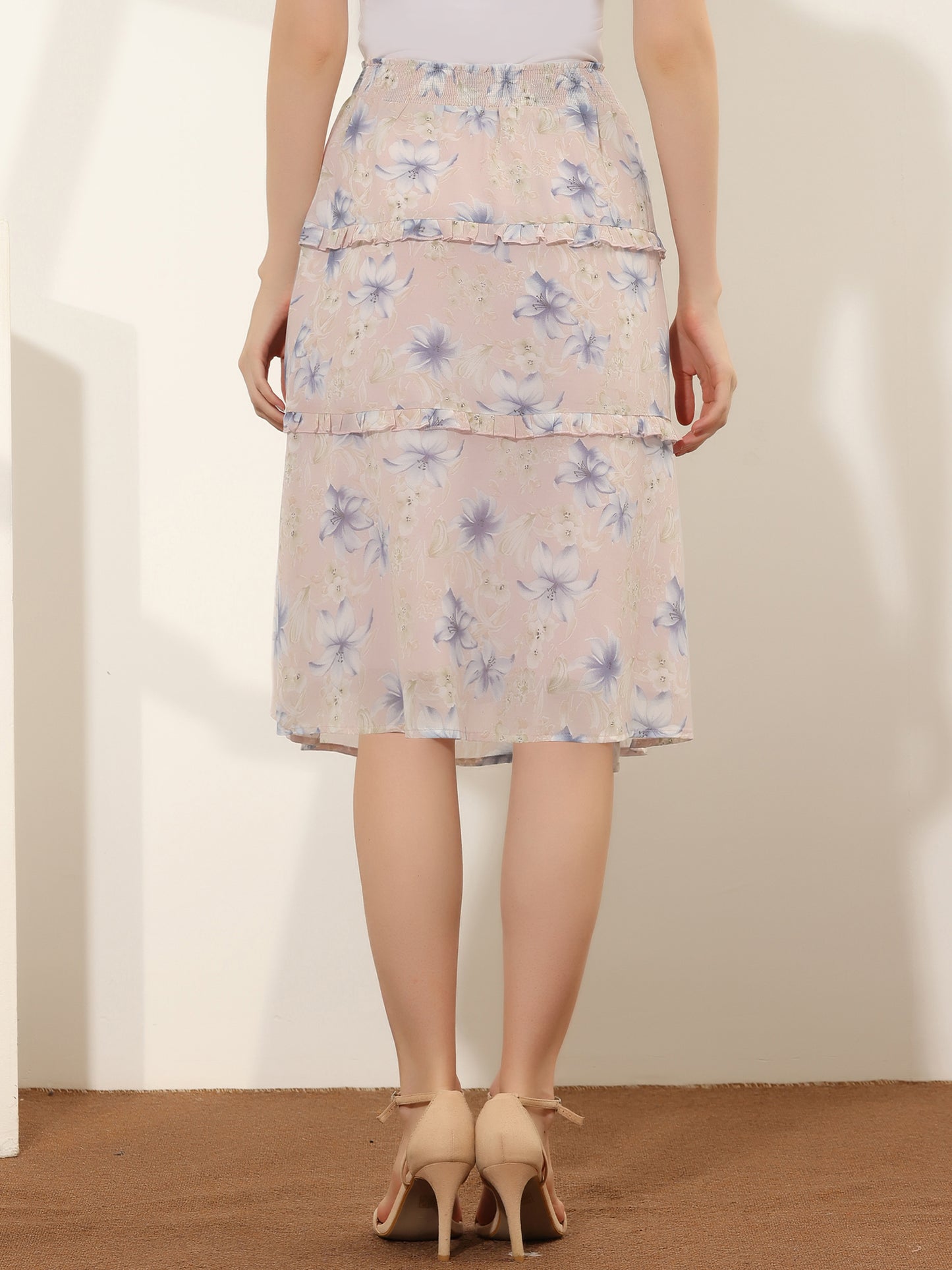 Faldas florales para mujer, primavera, fruncidas, cintura elástica, corte A, por debajo de la rodilla, falda con volantes escalonados