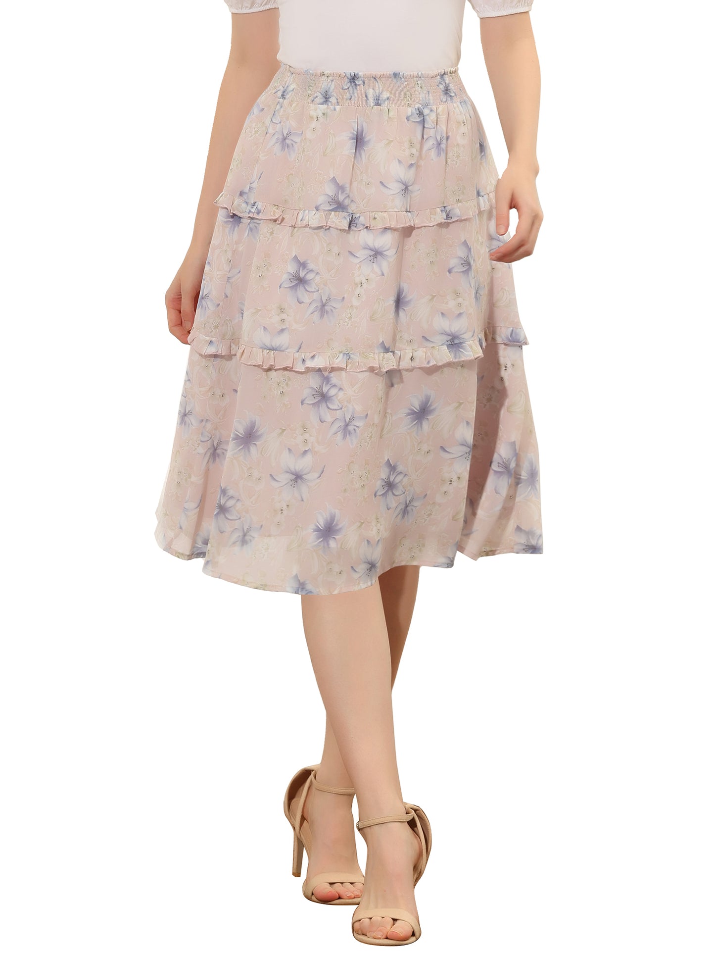 Faldas florales para mujer, primavera, fruncidas, cintura elástica, corte A, por debajo de la rodilla, falda con volantes escalonados