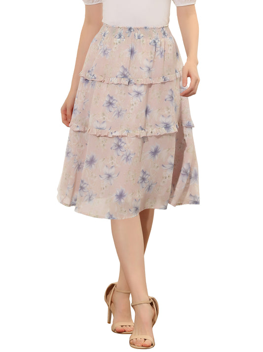 Faldas florales para mujer, primavera, fruncidas, cintura elástica, corte A, por debajo de la rodilla, falda con volantes escalonados