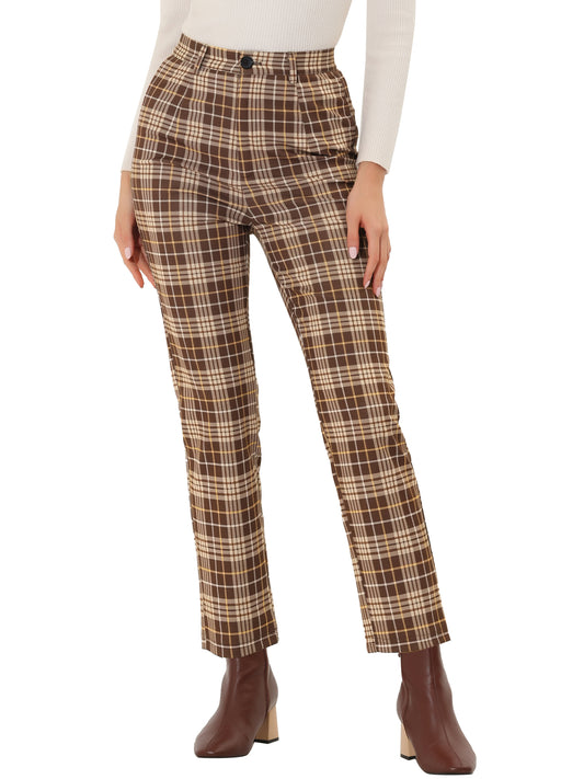 Women's Plaid Cropped Trousers Button Casual Tartan Check Work Pants