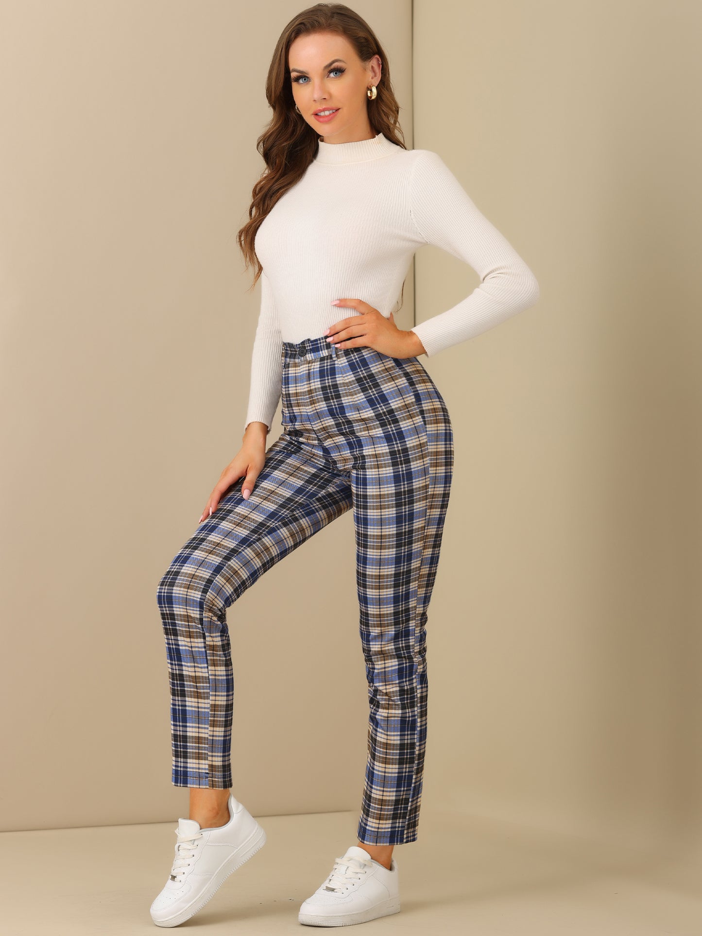 Women's Plaid Cropped Trousers Button Casual Tartan Check Work Pants