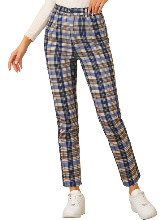 Women's Plaid Cropped Trousers Button Casual Tartan Check Work Pants