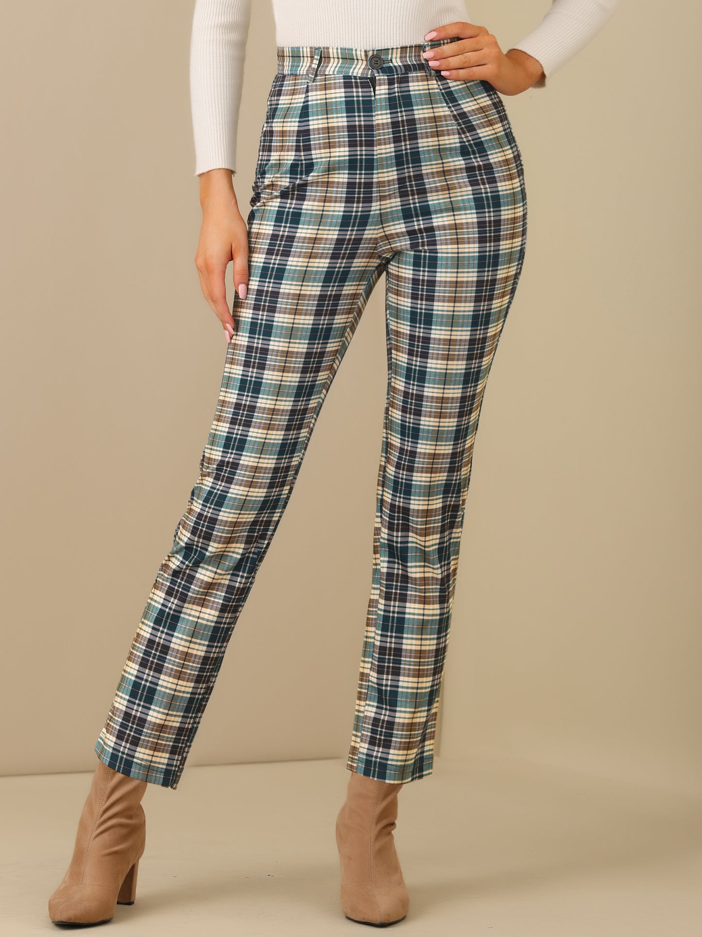 Women's Plaid Cropped Trousers Button Casual Tartan Check Work Pants