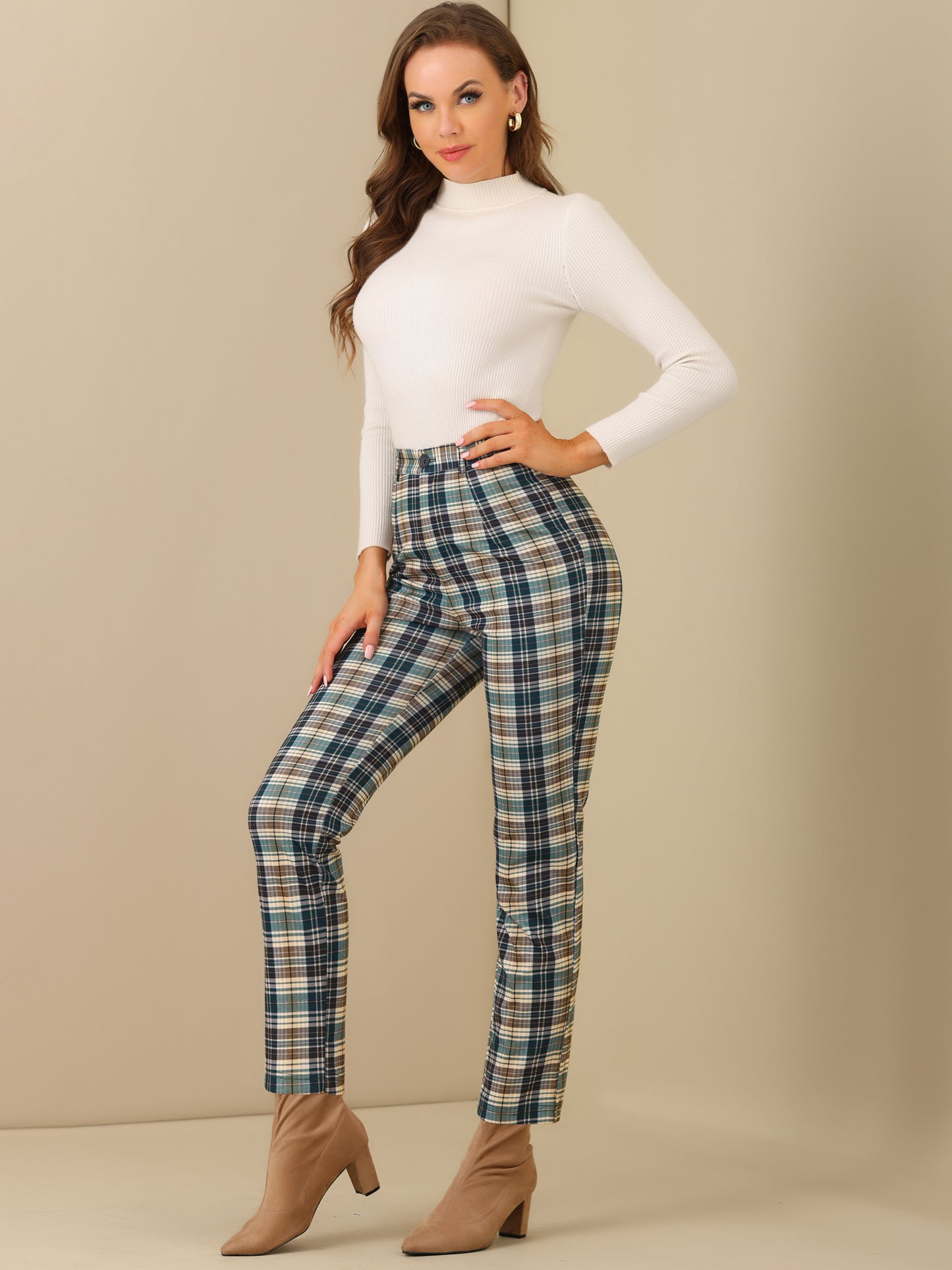 Women's Plaid Cropped Trousers Button Casual Tartan Check Work Pants