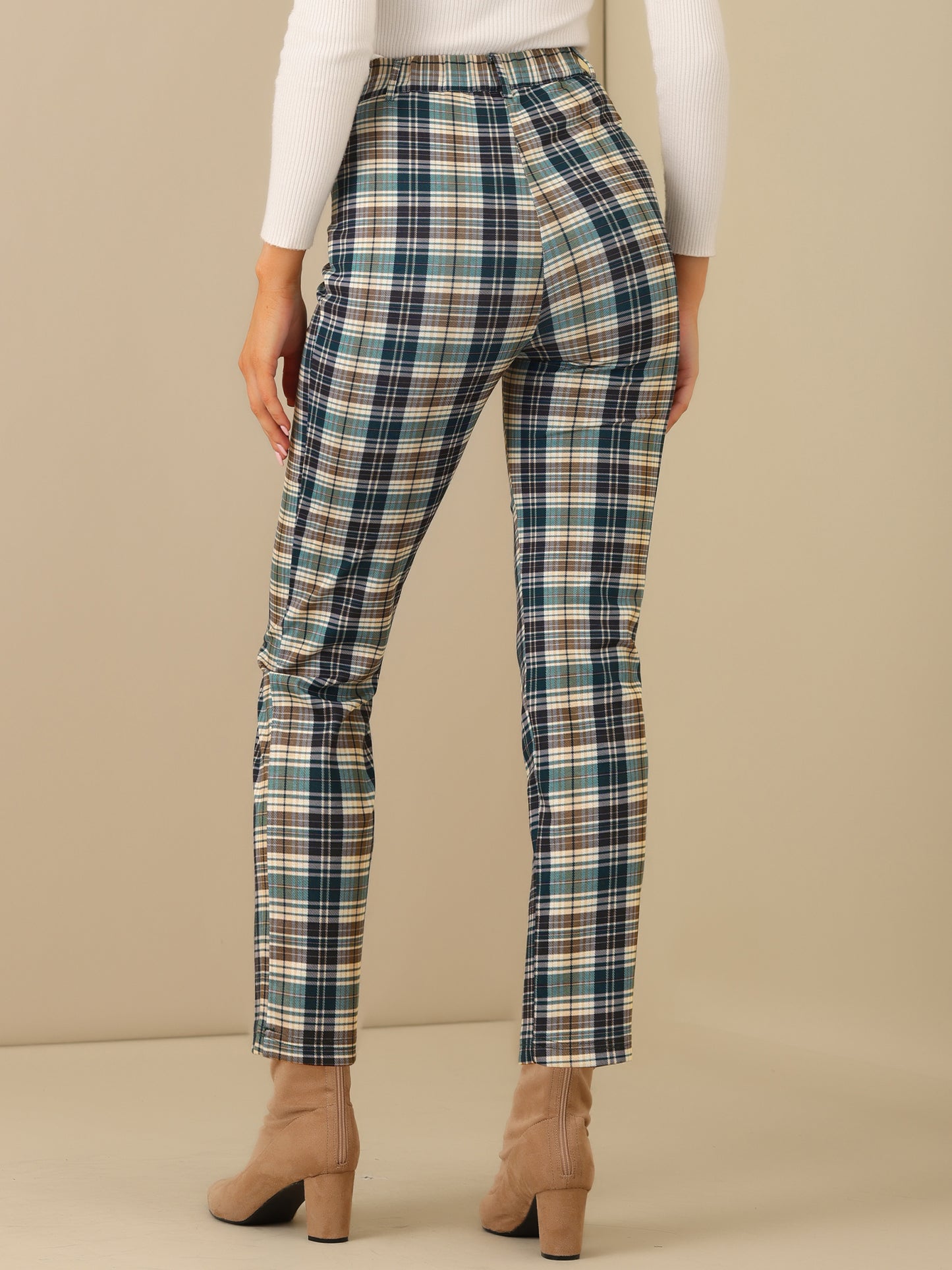 Women's Plaid Cropped Trousers Button Casual Tartan Check Work Pants