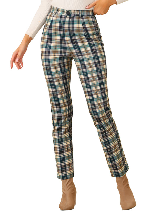 Women's Plaid Cropped Trousers Button Casual Tartan Check Work Pants