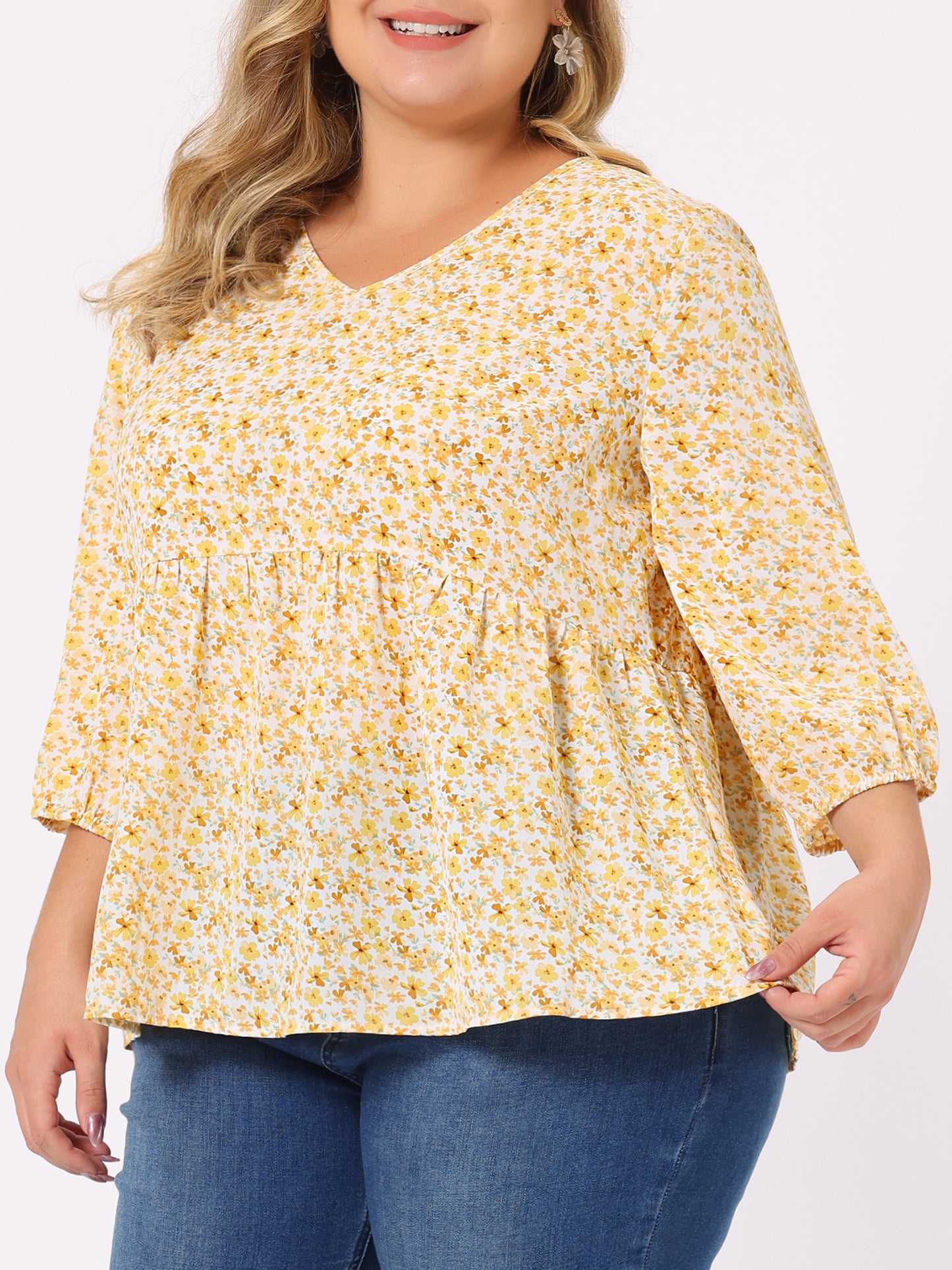 Women's Plus Size Top V Neck Babydoll Flowy 3/4 Lantern Sleeve Floral Blouse
