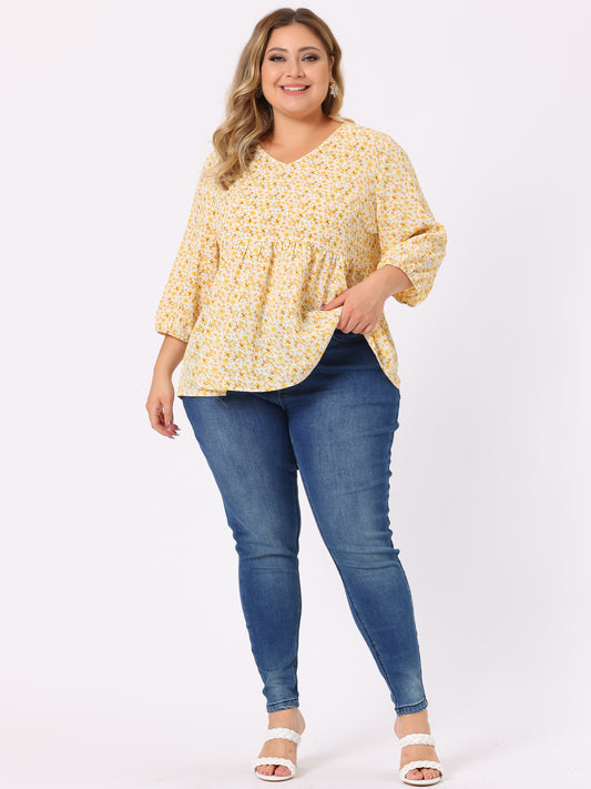 Women's Plus Size Top V Neck Babydoll Flowy 3/4 Lantern Sleeve Floral Blouse