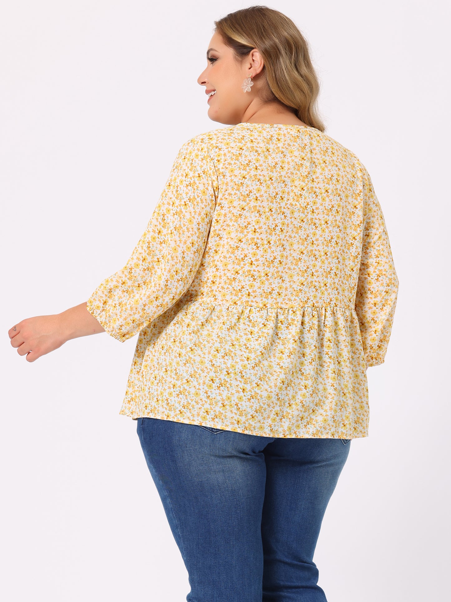 Women's Plus Size Top V Neck Babydoll Flowy 3/4 Lantern Sleeve Floral Blouse
