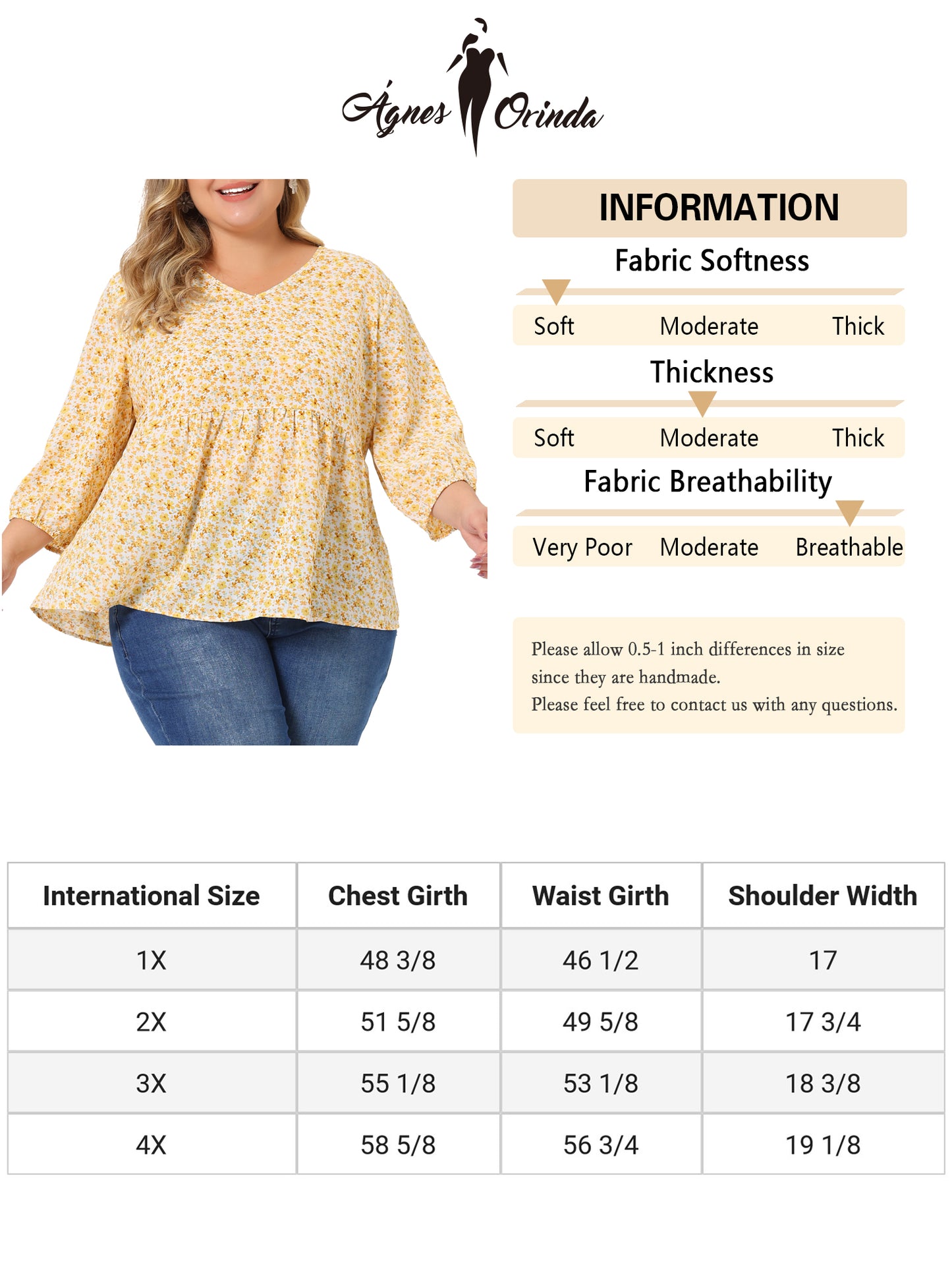 Women's Plus Size Top V Neck Babydoll Flowy 3/4 Lantern Sleeve Floral Blouse